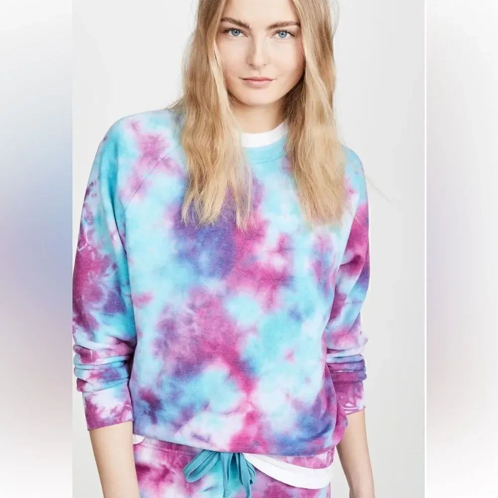 New Aviator Nation HAND DYED LIGHT WEIGHT CREW SWEATSHIRT Pink/Turquoise Medium